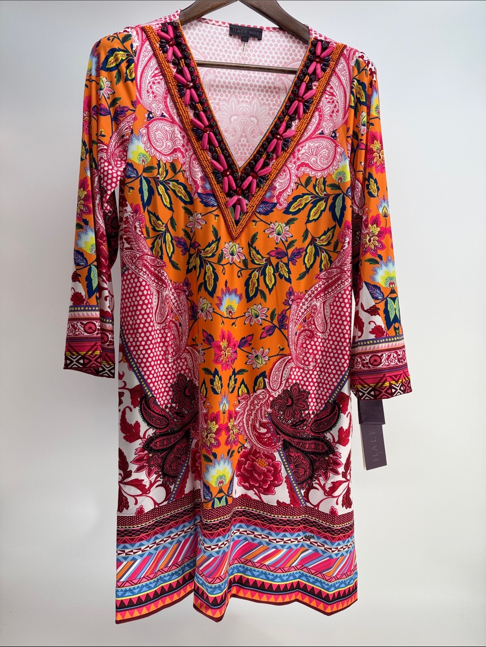 Hale Bob Vibrant Orange & Pink Floral Long Sleeve Dress